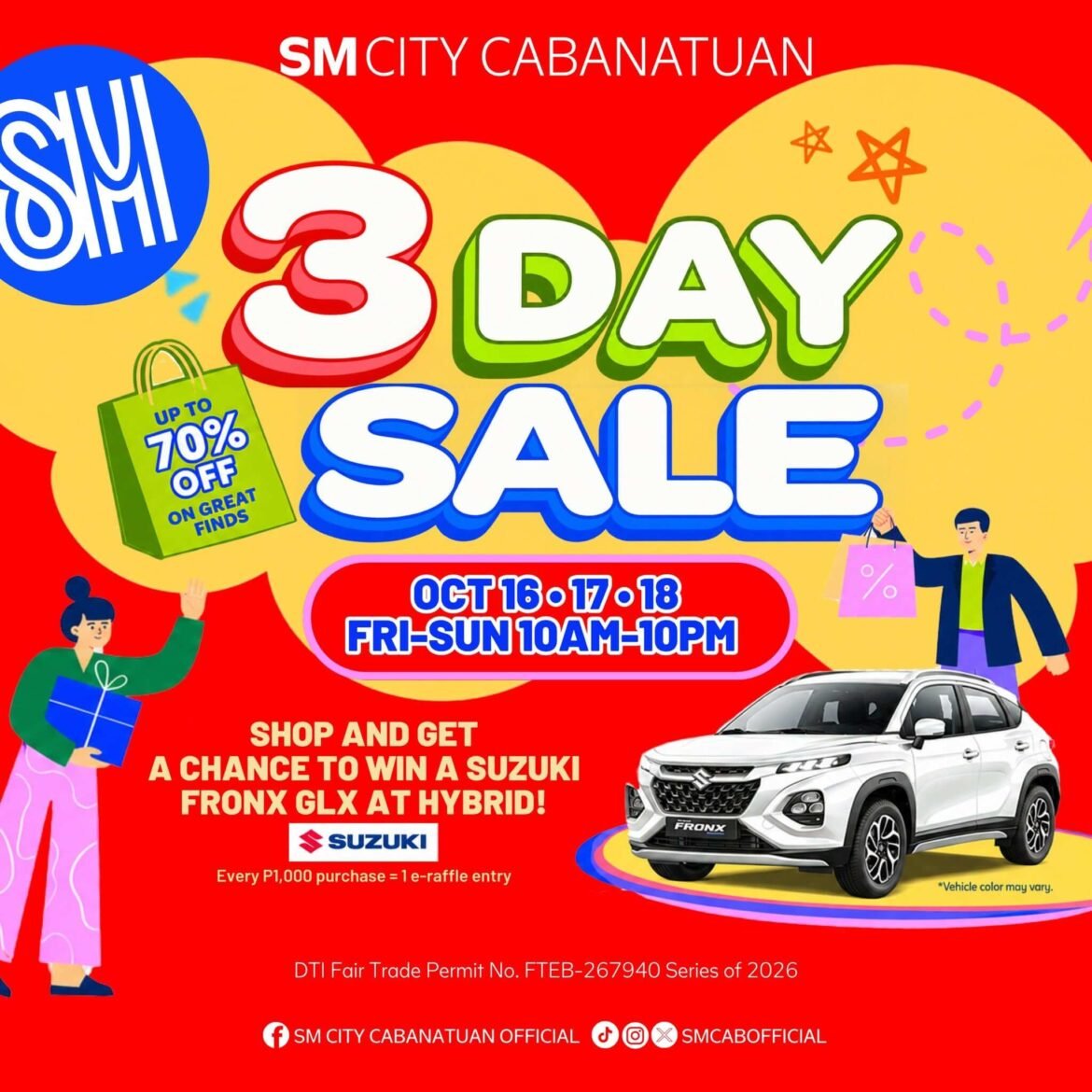 Promotional banner for the SM City Cabanatuan 3-Day Sale on October 16–18, 2026, featuring discounts of up to 70% and a Suzuki Fronx GLX ATH Hybrid giveaway.